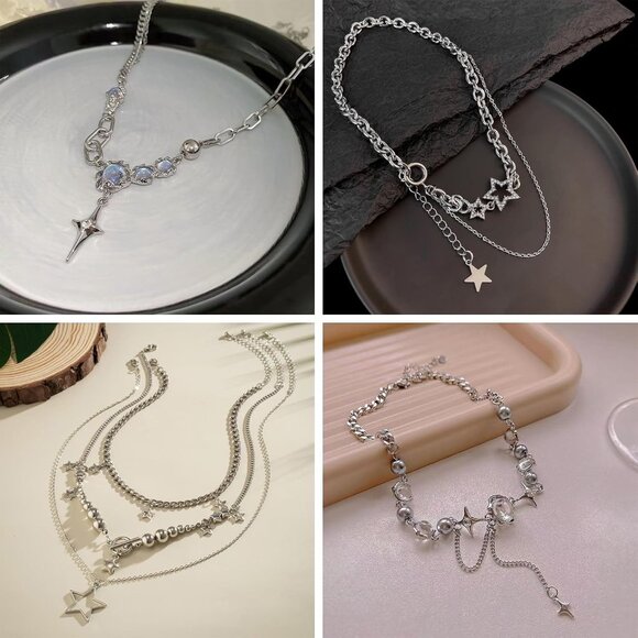 Stylish 4PCS Moonstone Punk Star Layered Necklace Set for Women - Perfect Gift - Picture 3 of 7